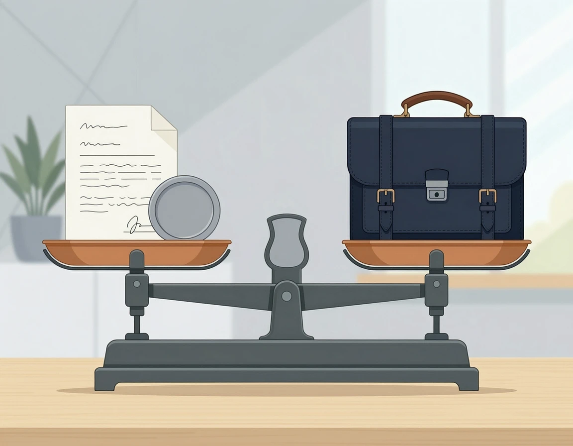 계약서와 실제 업무의 무게를 재는 저울 일러스트