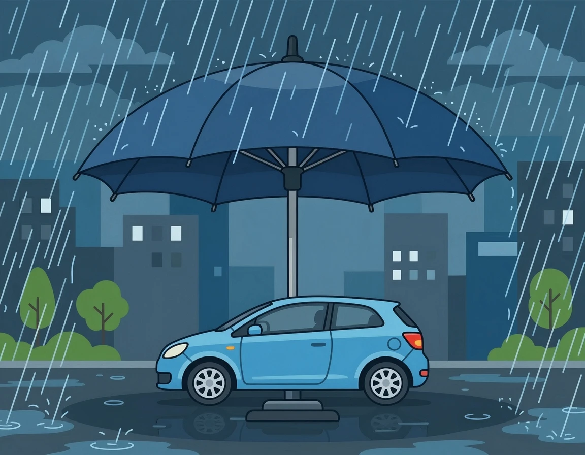 자동차를 보호하는 우산 일러스트