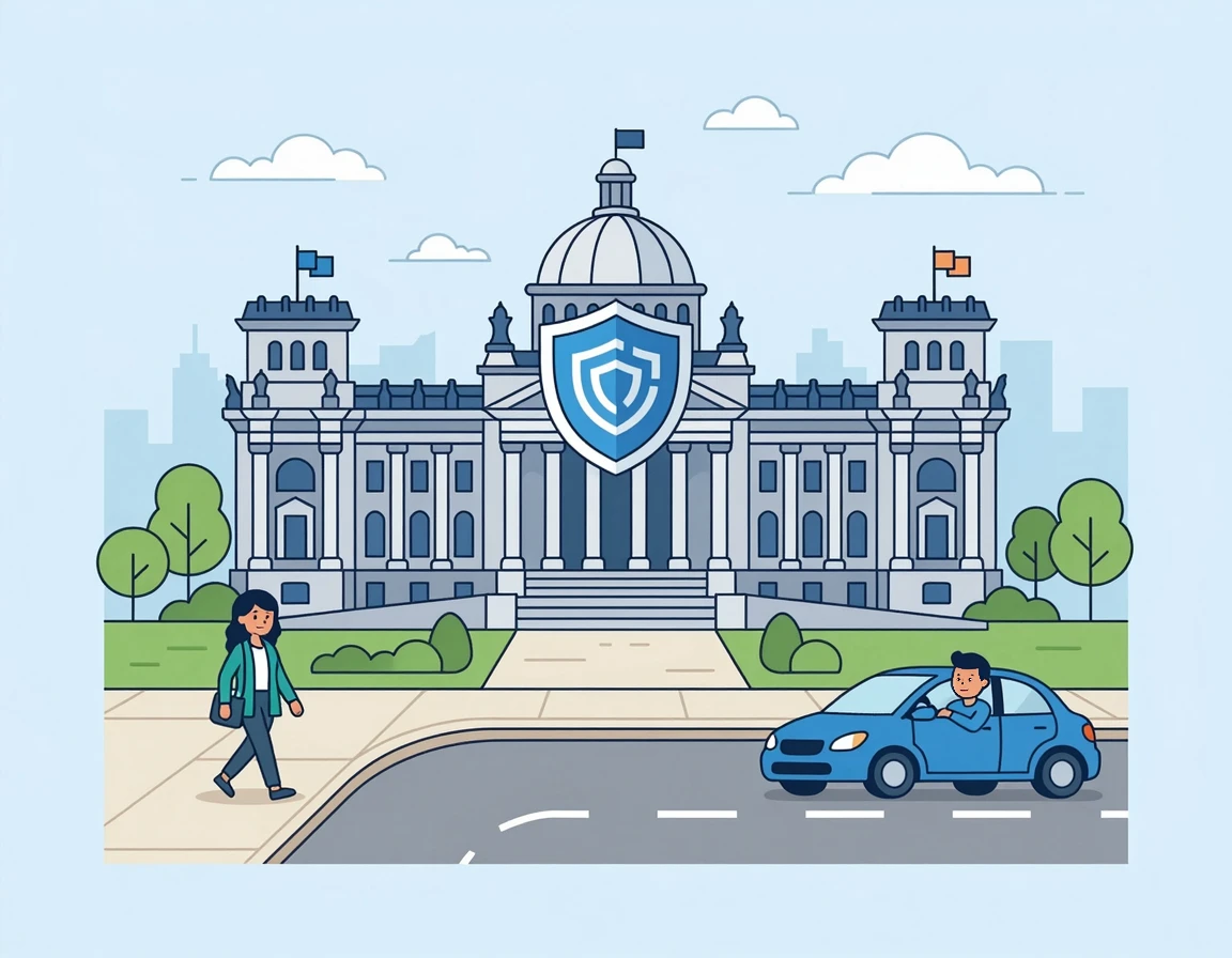 국가의 보호를 상징하는 정부 건물과 방패 일러스트