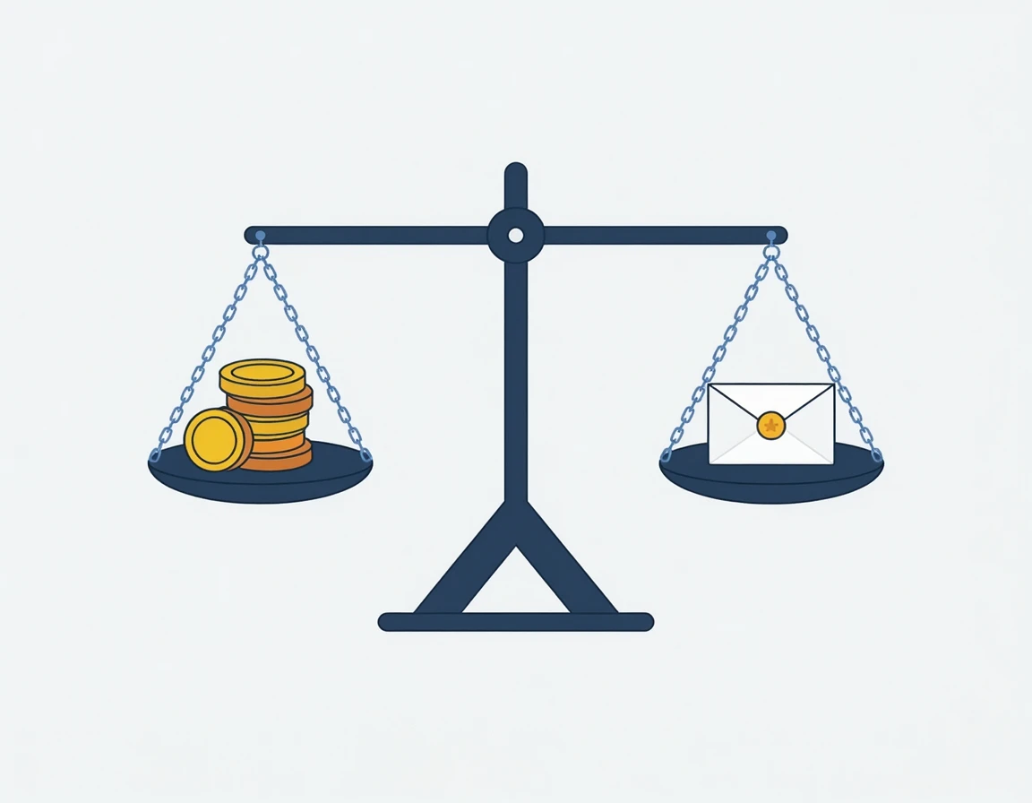 동전과 우편 봉투가 올려진 저울 일러스트