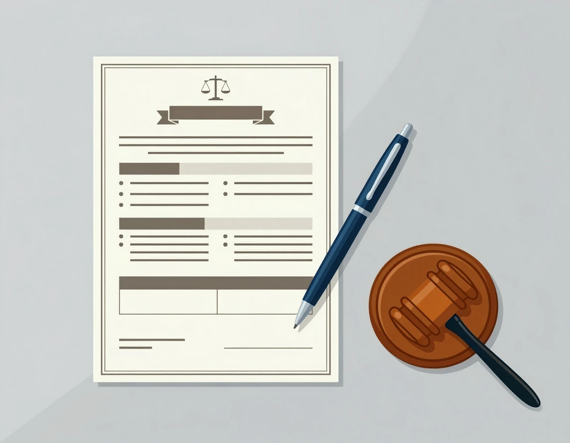 법률 문서와 펜, 의사봉 일러스트