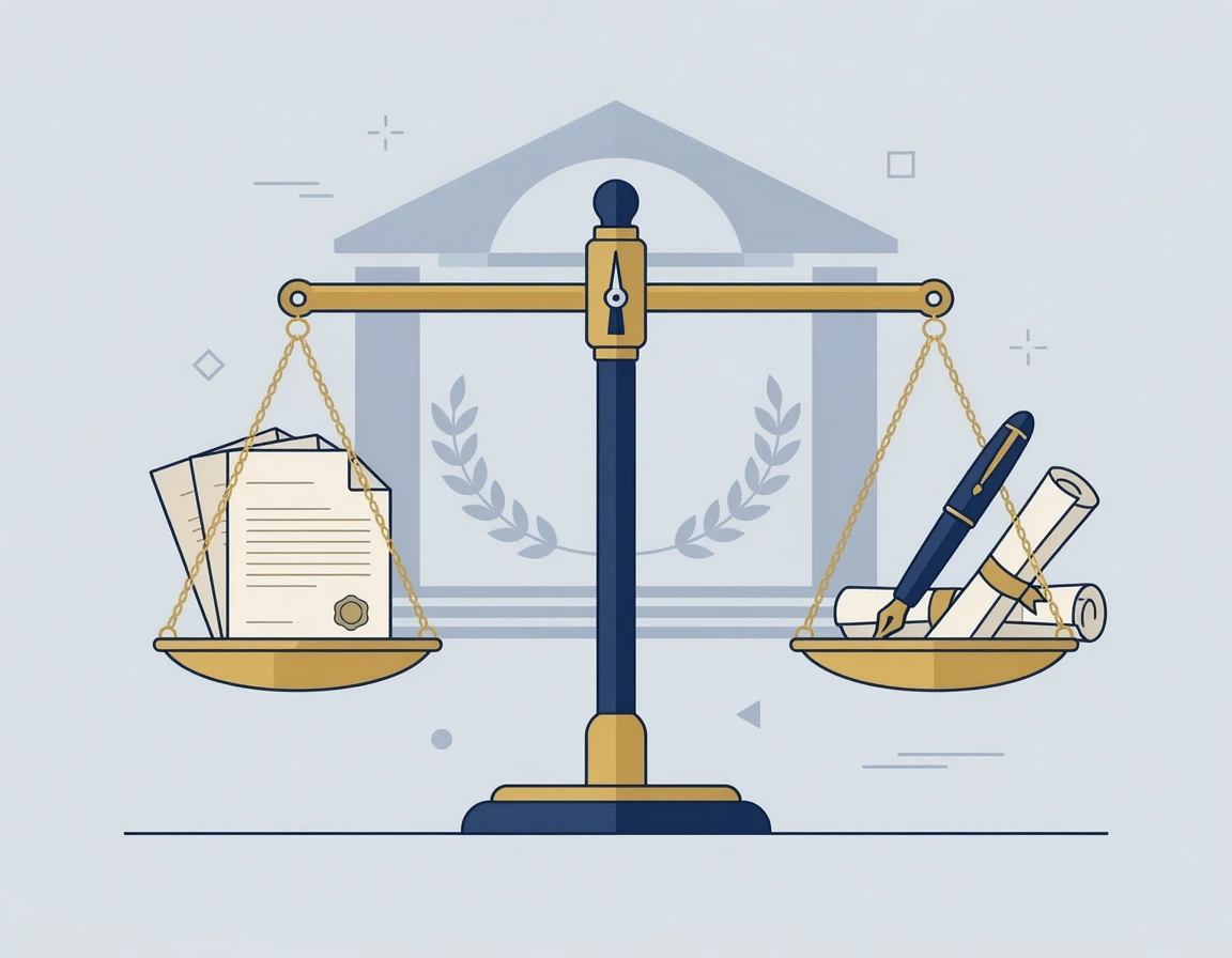 법률 문서와 저울이 있는 일러스트
