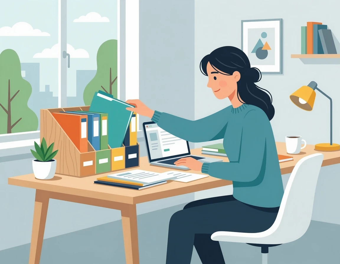 증빙 자료를 꼼꼼히 정리하는 모습 일러스트