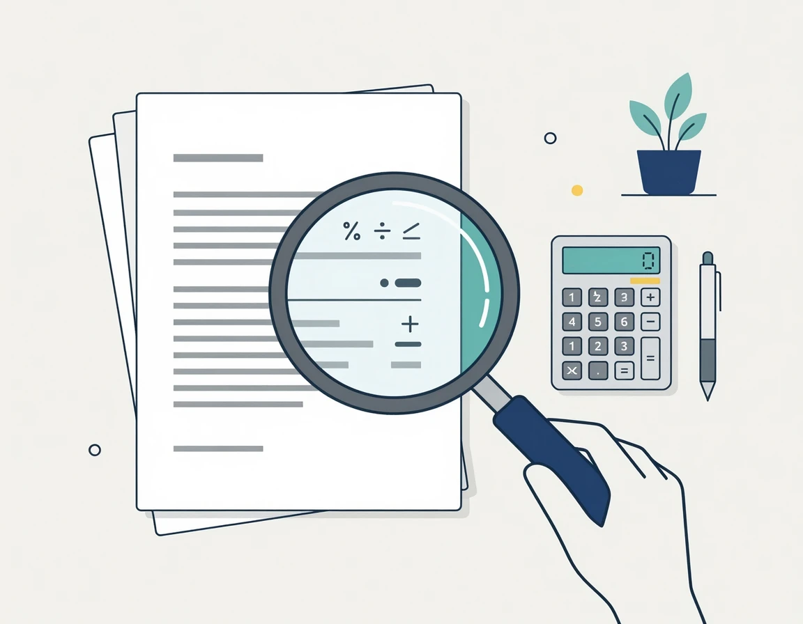서류 위의 돋보기와 계산기 일러스트