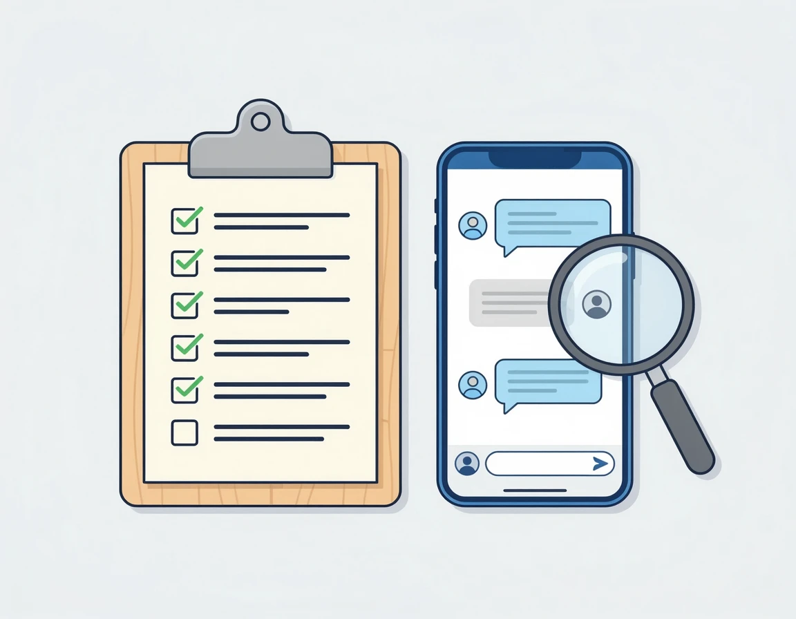 신고 절차를 나타내는 체크리스트와 스마트폰