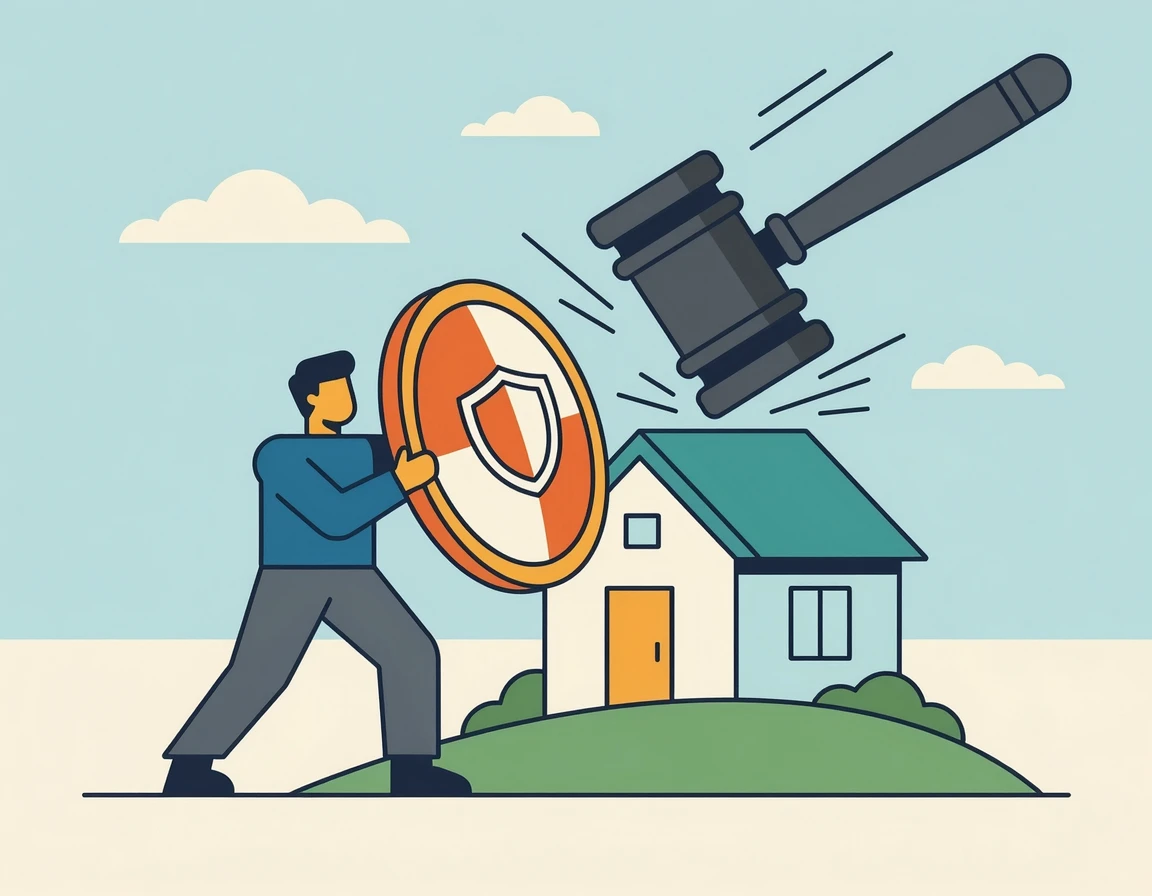 판사봉으로부터 집을 방패로 막아내는 일러스트