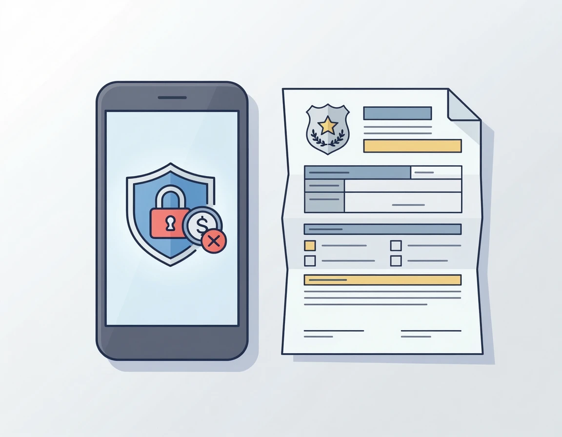 경찰 신고 서류와 잠긴 은행 계좌 아이콘이 있는 스마트폰 일러스트