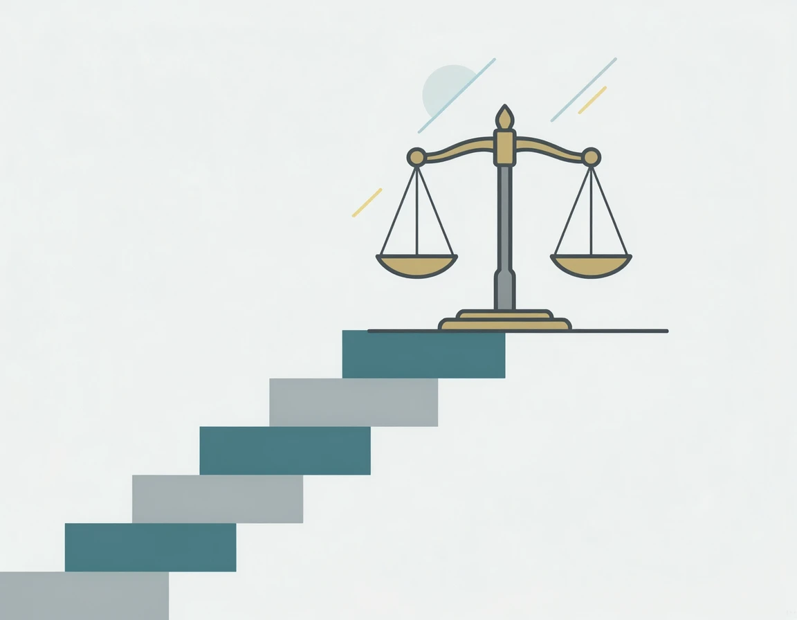 노동위원회 구제신청 절차를 나타내는 계단과 저울 일러스트