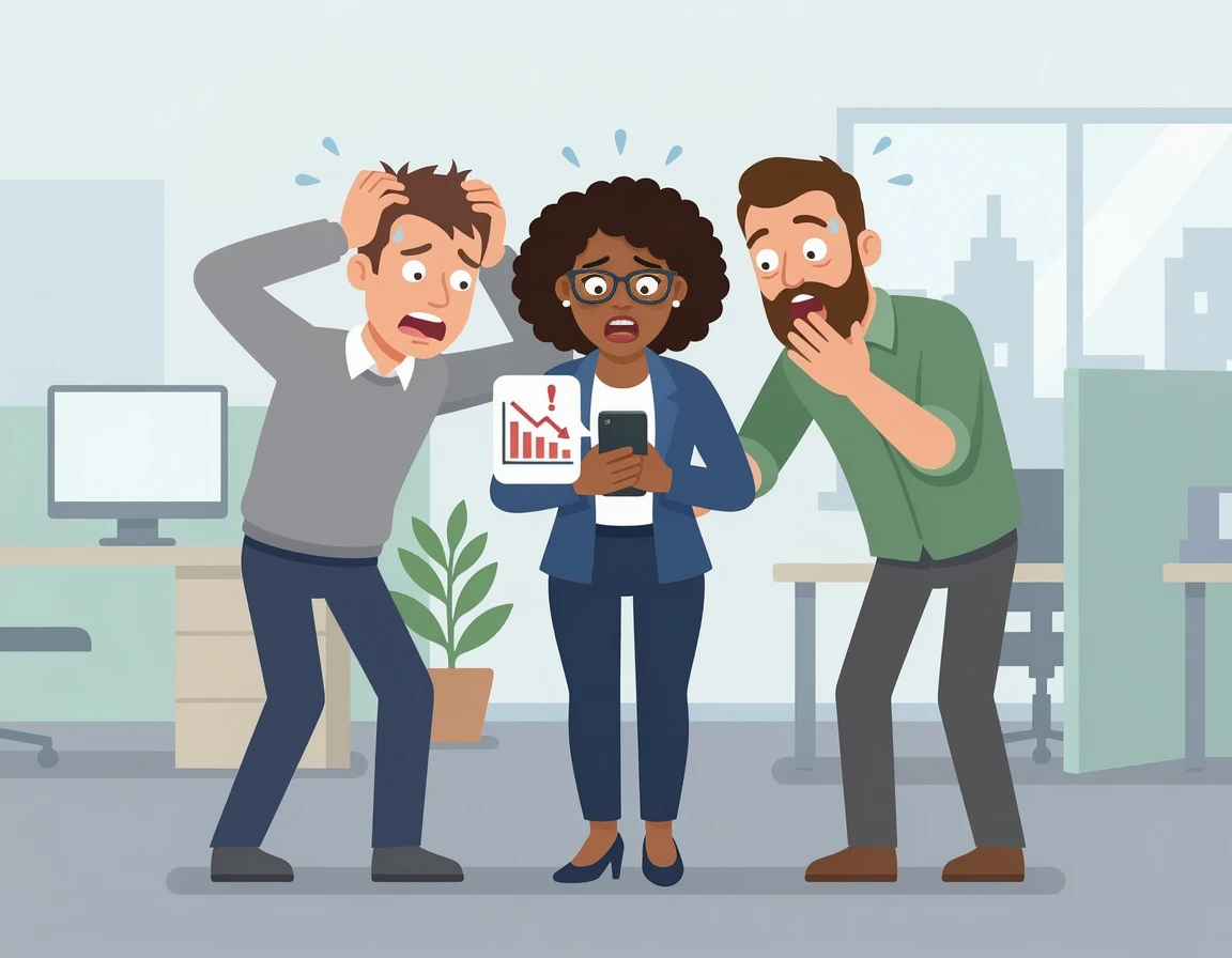 스마트폰을 보며 당황하는 직장인들