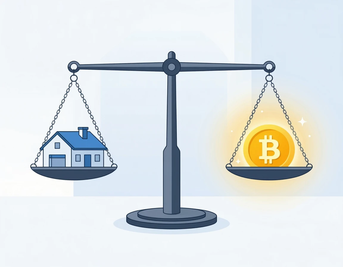 집과 비트코인이 올려진 정의의 저울