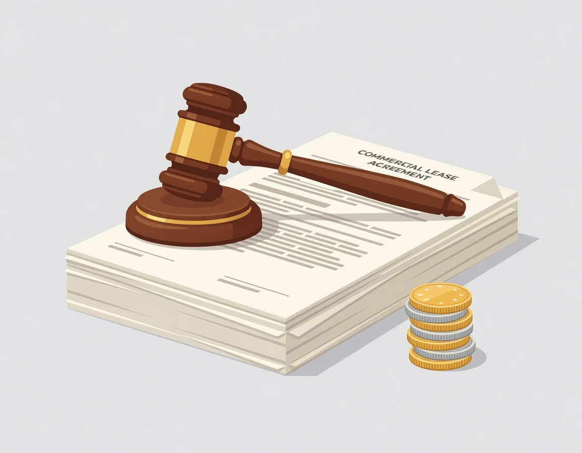 권리금 손해배상 청구 소송을 상징하는 법원 판사봉과 서류, 동전들