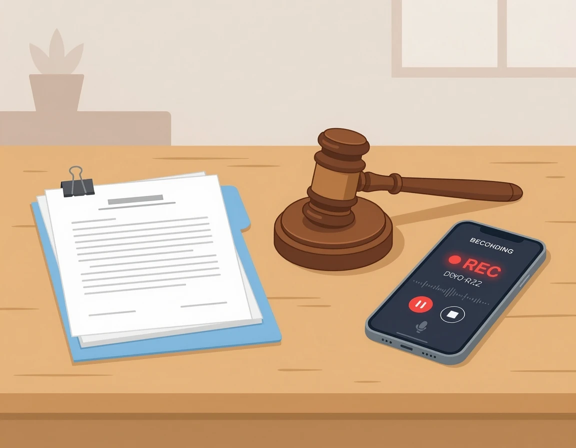 법률 서류와 스마트폰 녹음기를 활용한 증거 수집 일러스트