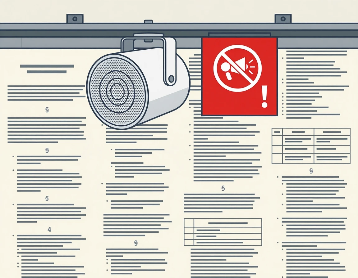 천장에 설치된 우퍼 스피커와 법적 경고를 나타내는 일러스트