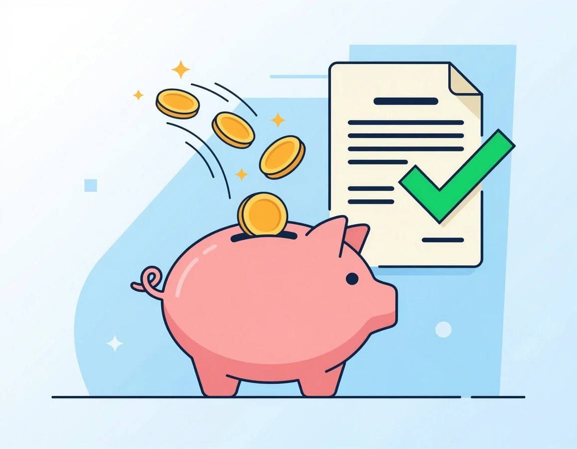 돼지저금통에 동전이 떨어지고 배경에 체크 표시된 법률 문서가 있는 일러스트