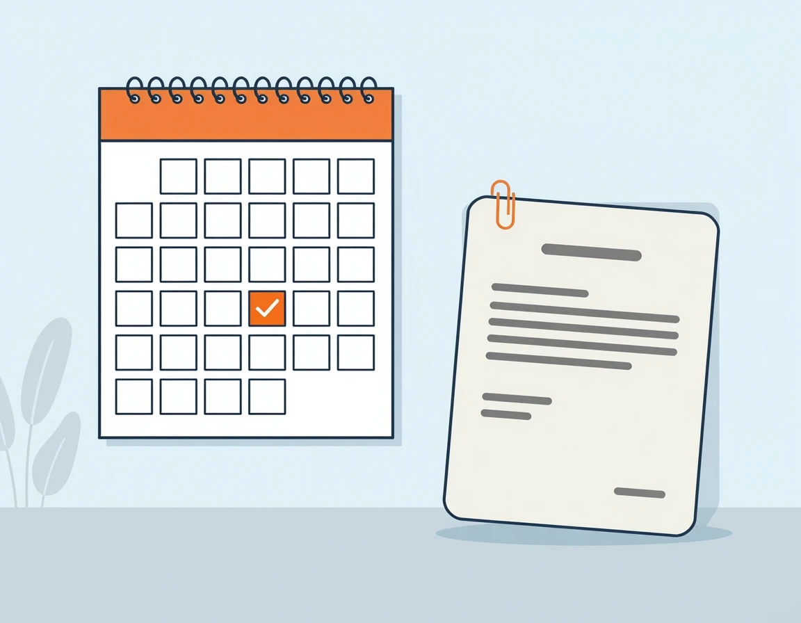 달력에 날짜가 표시되어 있고 그 옆에 서류가 놓여 있는 모습