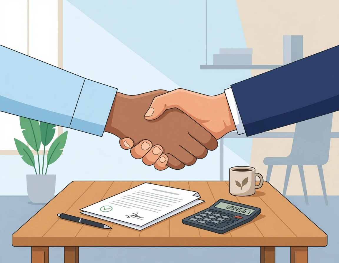 계산기와 서류 위에서 악수하는 협상 타결 일러스트
