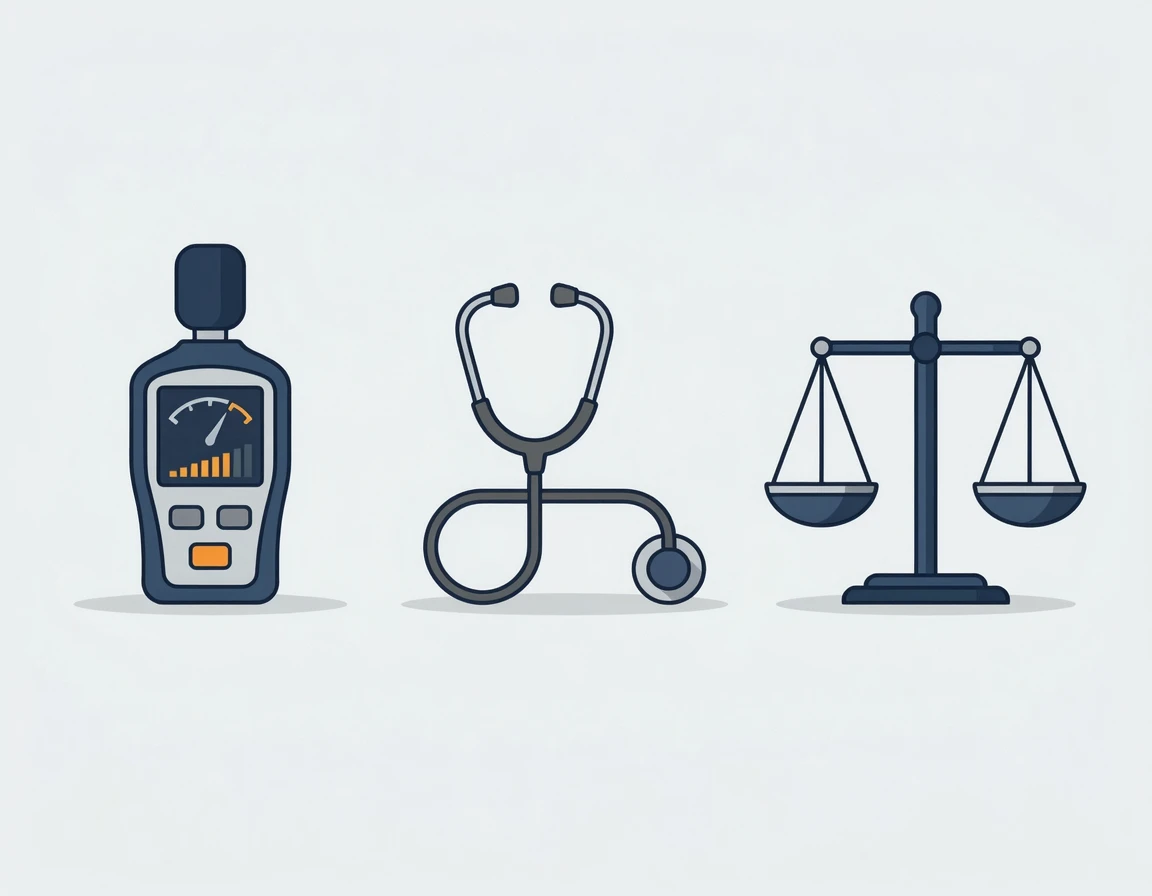 소음 측정기와 청진기, 법원 저울이 함께 있는 일러스트