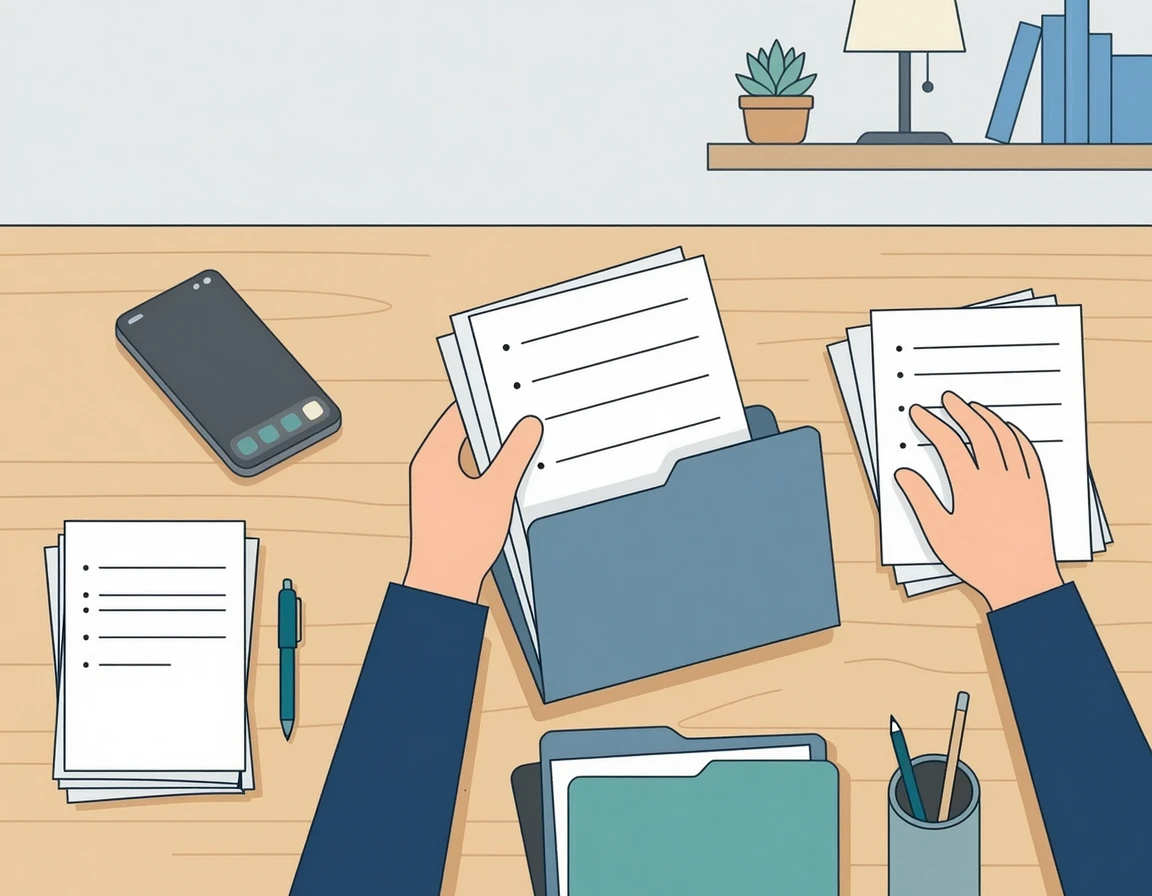 책상 위에서 서류와 스마트폰을 정리하며 증거를 수집하는 모습