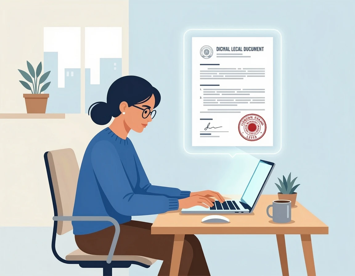 노트북으로 전자소송 서류를 작성하는 일러스트