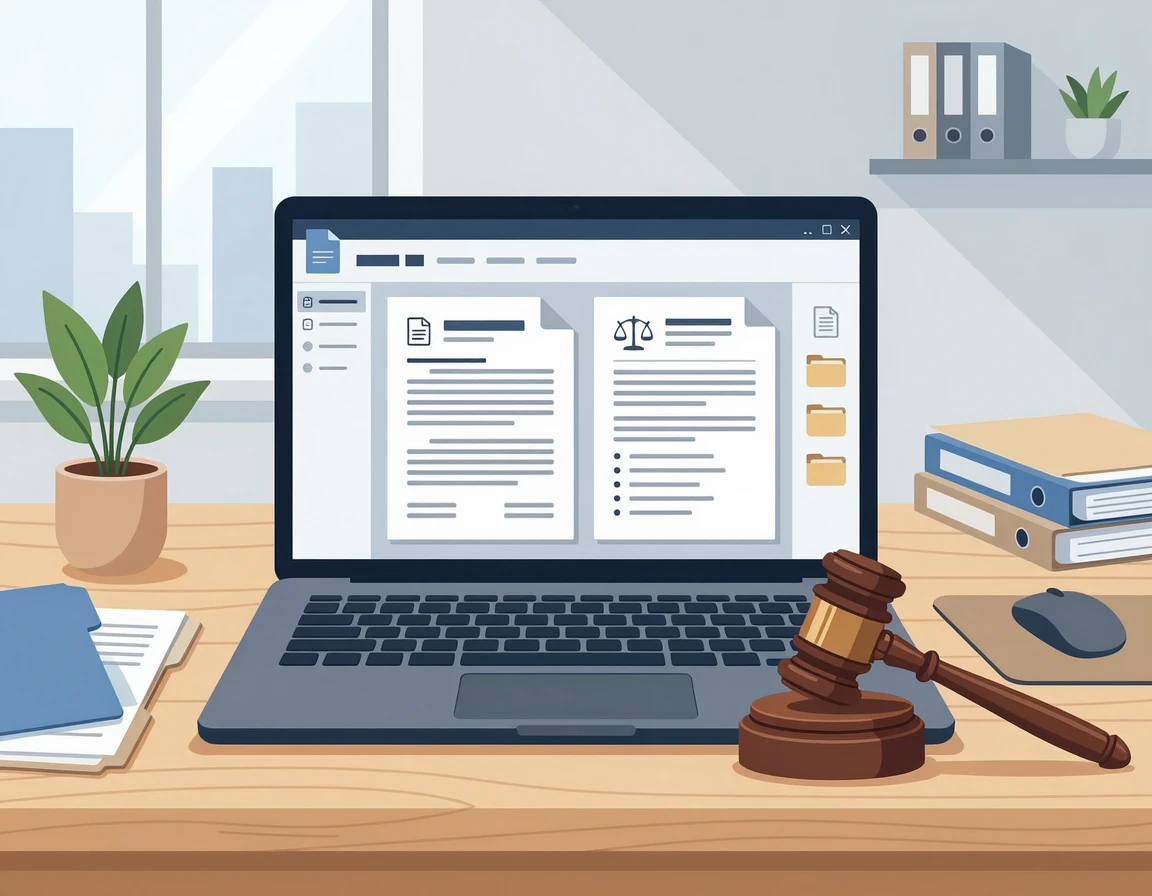 노트북 화면에 띄워진 법률 문서와 나무 판사봉 일러스트