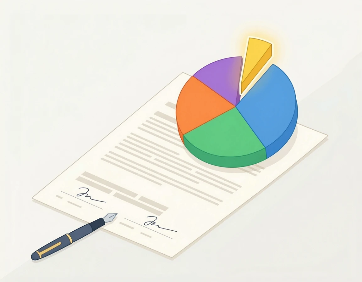 성공보수 비율을 상징하는 계약서와 파이 차트