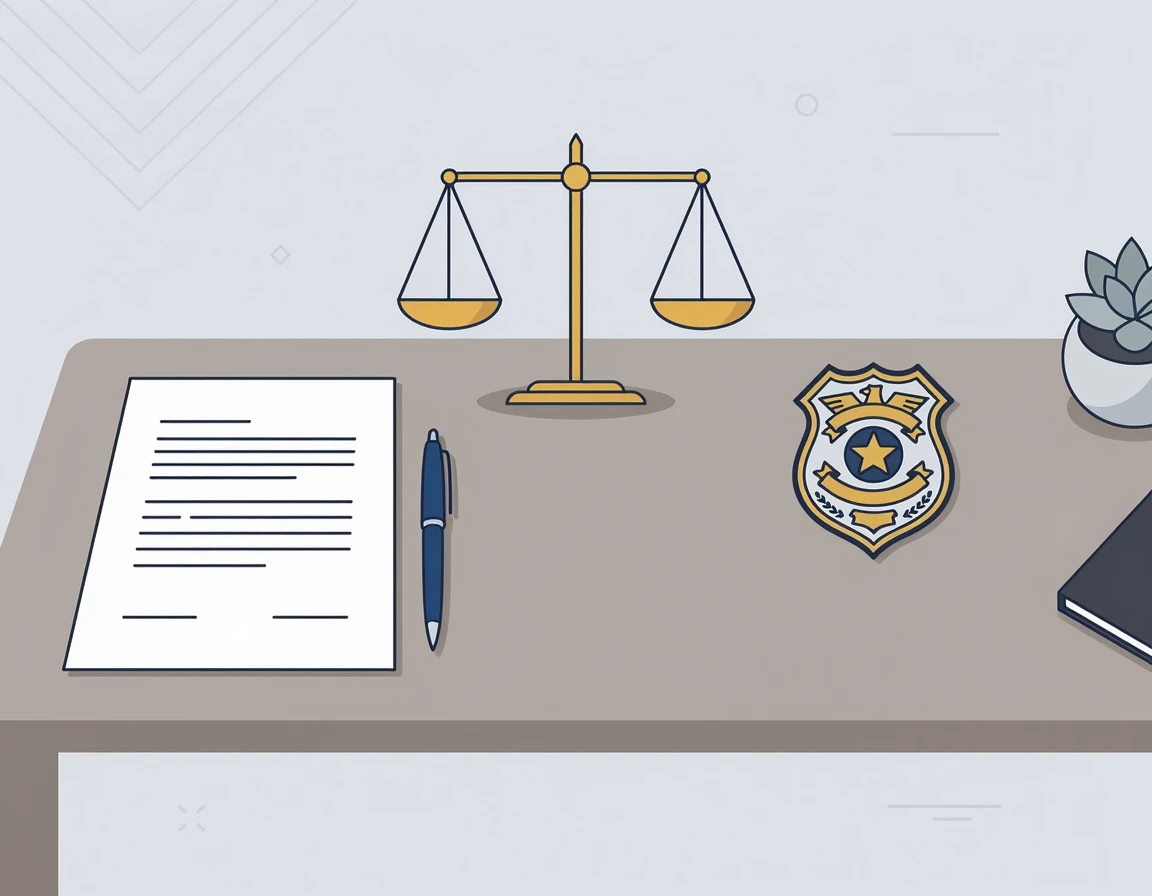 책상 위에 정돈된 고소장 서류와 저울, 경찰 배지 일러스트
