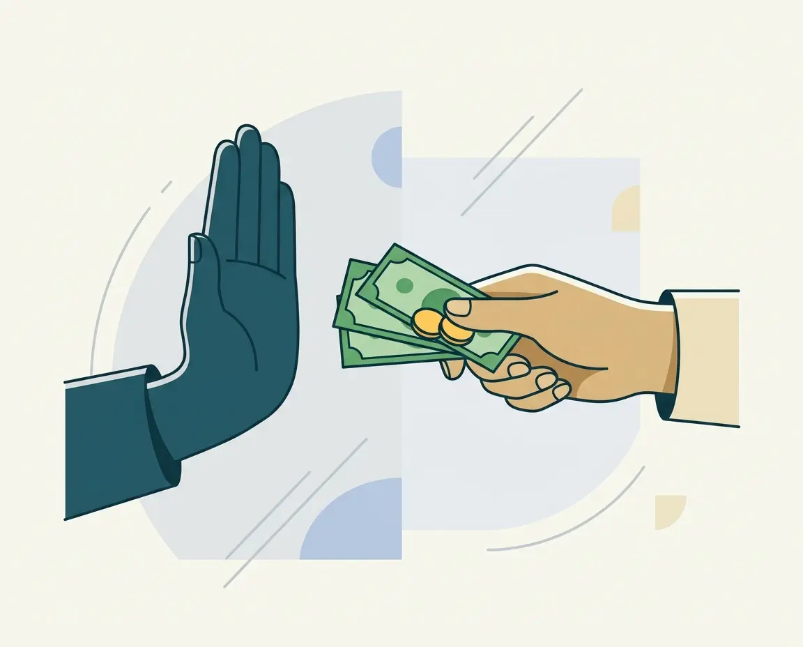 부당한 합의금 요구를 단호하게 거절하는 모습의 일러스트